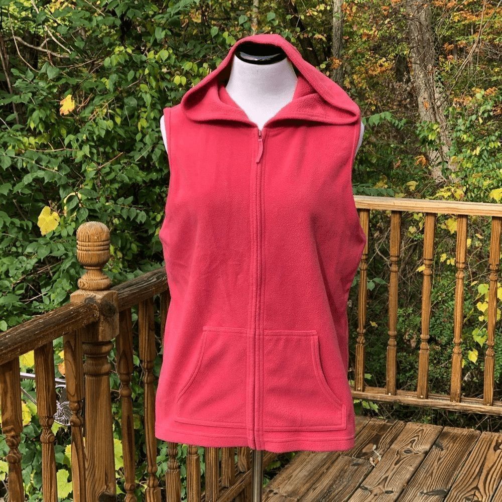 Eddie Bauer Womens L Coral Pink Fleece Hooded Vest Full Zip Kangaroo Pockets - Picture 2 of 6